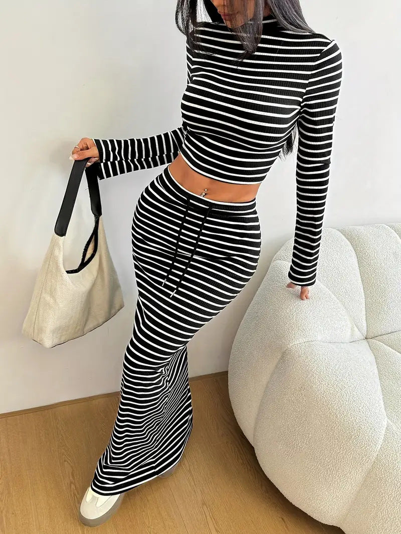Half-turtleneck Long-sleeve Top With A Drawstring-waisted Long Skirt In A Striped Set