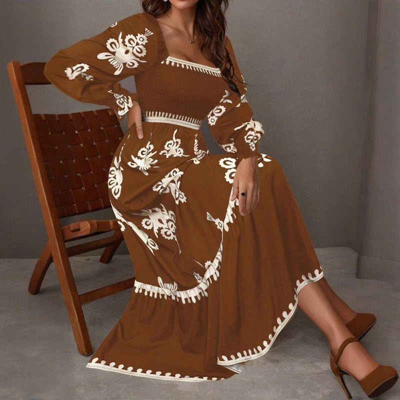 Elegant Women's Retro Geometric Print Lantern Sleeve Dress - Square Neck A-Line With Elastic Cuffs, Casual & Formal Dress