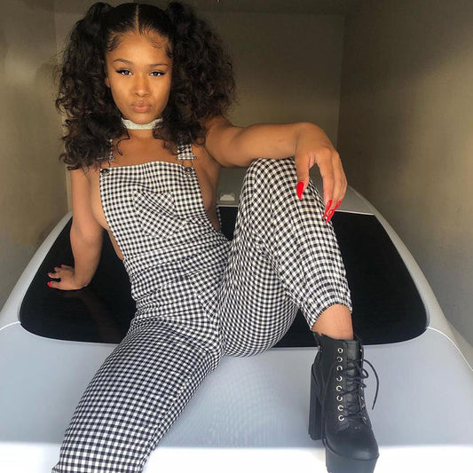 Women's New Fashion Plaid Suspender Ankle-tied Jumpsuit