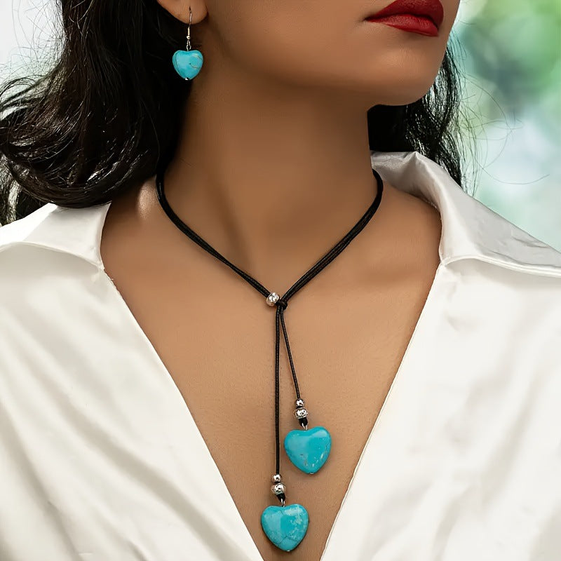 Leather Choker Long Necklace And Bohemian Tribal Ethnic Style Long Fringe Earrings Set For Women