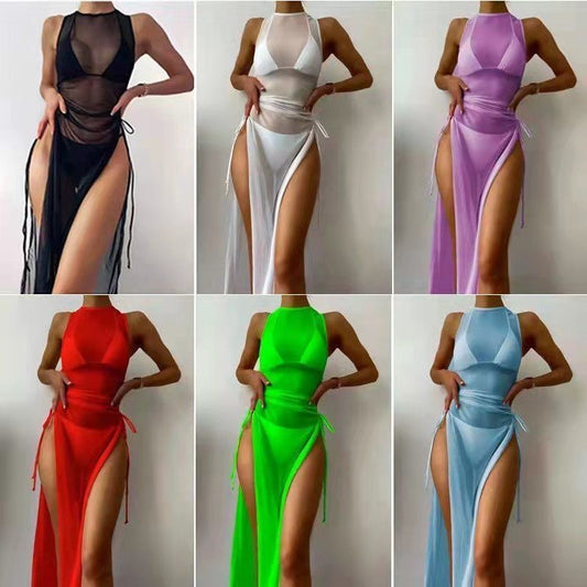 Swimsuit Solid Color Mesh Split Three Piece Set
