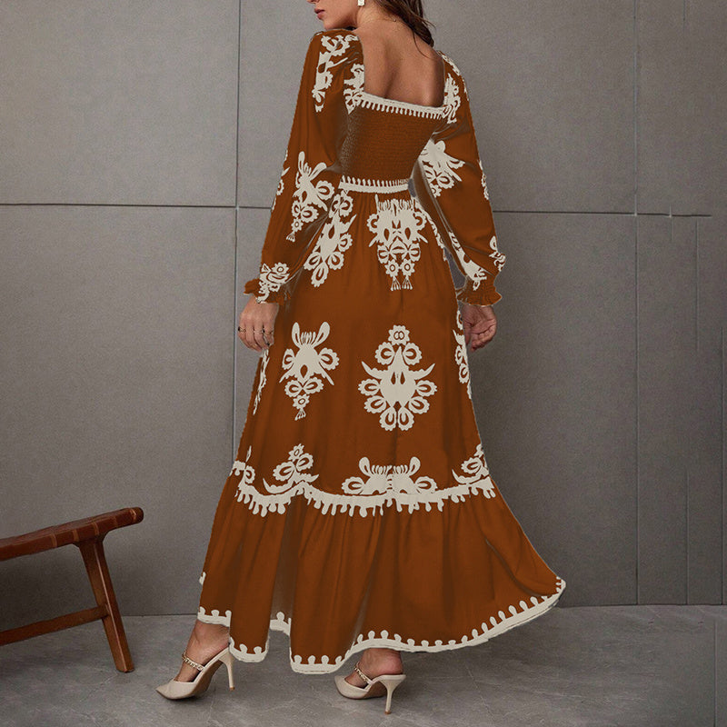 Elegant Women's Retro Geometric Print Lantern Sleeve Dress - Square Neck A-Line With Elastic Cuffs, Casual & Formal Dress