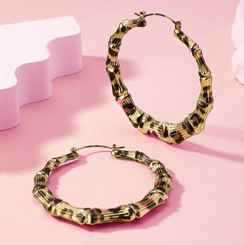 New Fashion Leopard Print Bamboo Round Hoop Earrings For Women Jewelry Punk Metal Big Circle Earring