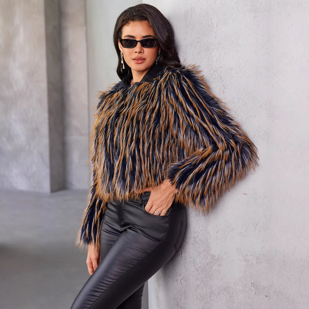 Women's Fur Coat Winter Warm Contrast Color