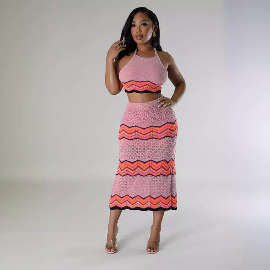 Women's Knitted Sports Casual Skirt Vest Sweater Long-sleeved Suit