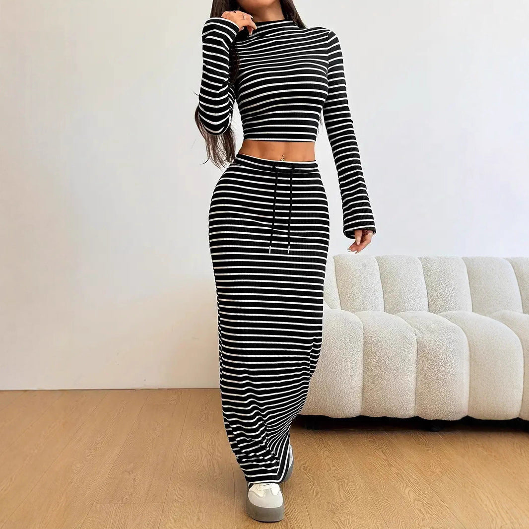 Half-turtleneck Long-sleeve Top With A Drawstring-waisted Long Skirt In A Striped Set