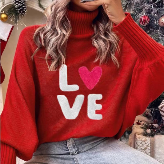 Valentine's Day LOVE Red High Collar Sweater