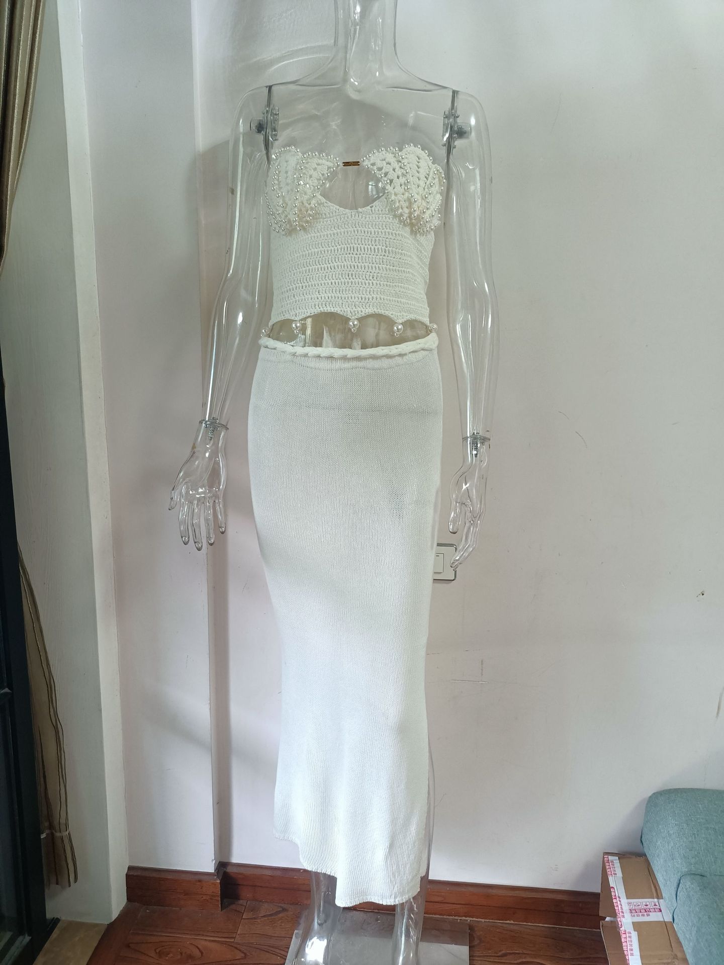 Handmade Crochet Beaded Top With Braided Waist Long Crochet Skirt