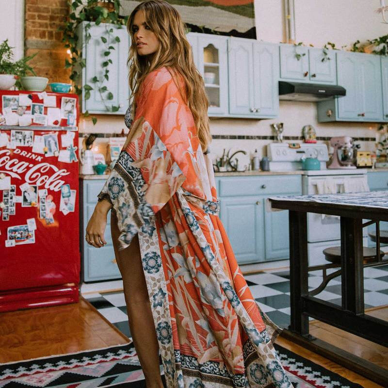 Coral-red Crane-and-flower Kimono Dress With Red Floral Accentssun-protective Cardigan-style Vacation Dress