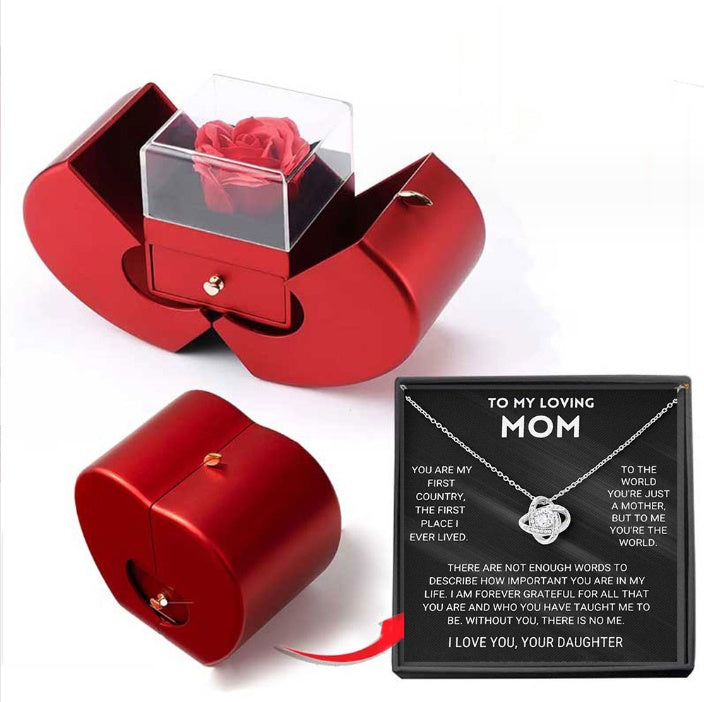 Fashion Jewelry Box Red Apple Gift Necklace Eternal Rose For Girl Mother's Day Valentine's Day Gifts With Artificial Flower Rose Jewelry Box