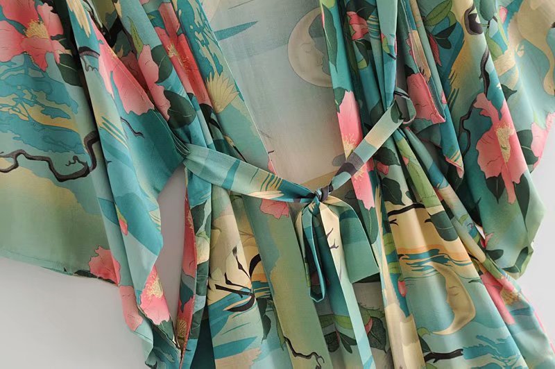 Lotus And Crane Print Lace Kimono Cotton Cardigan Women