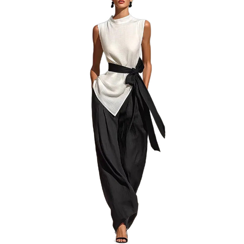 Womens Lace-Up Sleeveless Top And Wide-Leg Pants Two-Piece Set