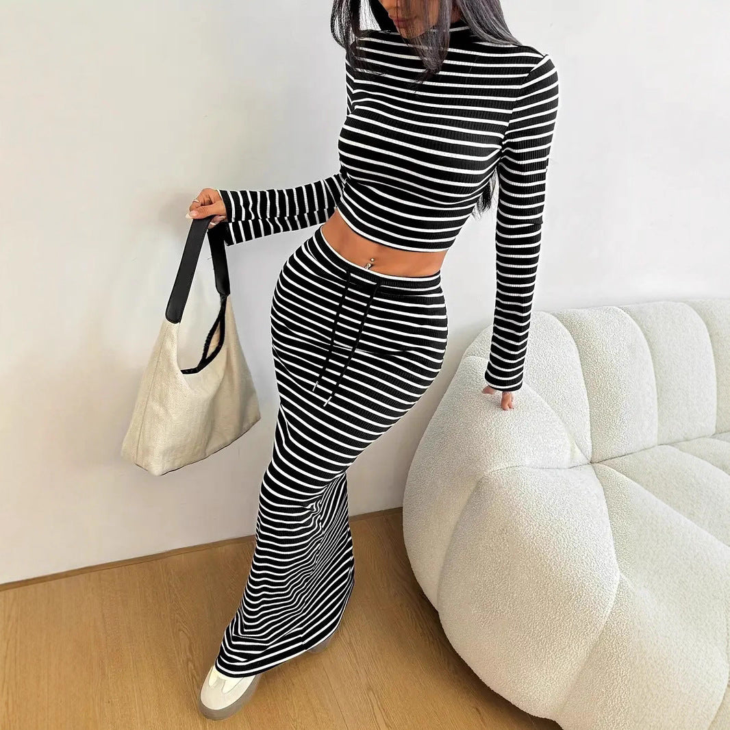 Half-turtleneck Long-sleeve Top With A Drawstring-waisted Long Skirt In A Striped Set