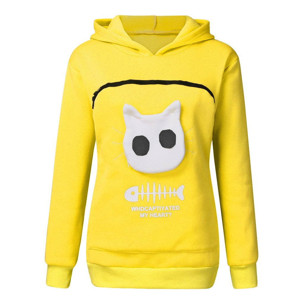 Women Hoodie Sweatshirt With Cat Pet Pocket Design Long Sleeve Sweater Cat Outfit