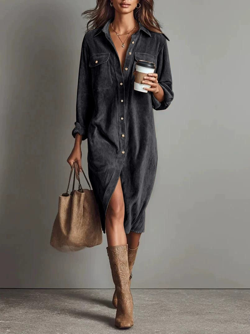 Turn-Down Collar Buttons Chic Casual Dress, Women Spring Autumn Solid Simple Party Dress, Long Sleeve Holiday Ladies Dress