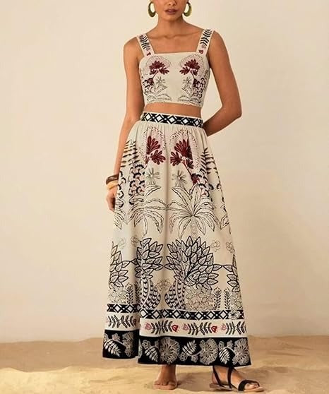 Sexy Spaghetti Straps Midriff-baring Printed Up And Down Skirt Suit