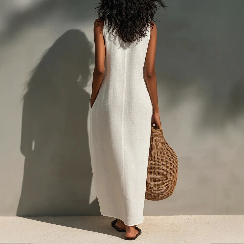 White Sleeveless Hollow-out V-Neck Long Loose Dress