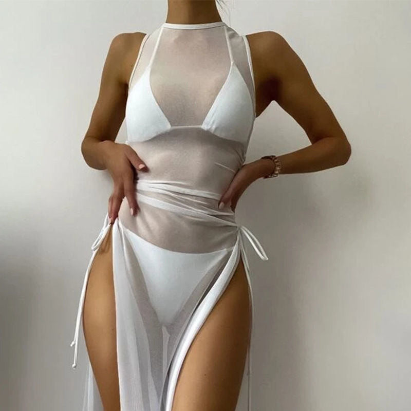 Swimsuit Solid Color Mesh Split Three Piece Set