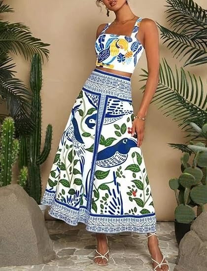 Sexy Spaghetti Straps Midriff-baring Printed Up And Down Skirt Suit