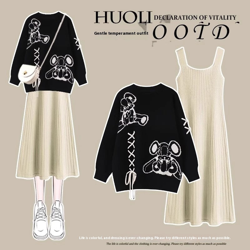 Cartoon Knitted Sweater Suspender Skirt Two-piece Set