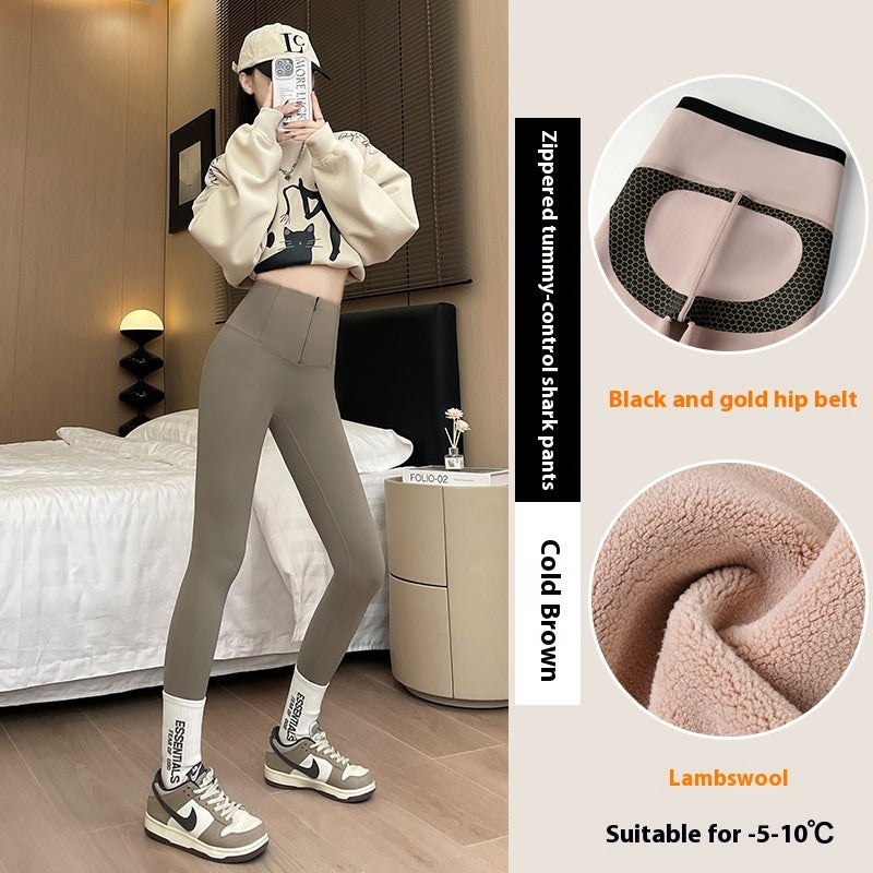 Belly-controlling Butt Lifting Leggings With Three-breasted Design Winter High Waist Slim Zippere Pants Warm Velvet And Thickened Trousers Women Clothing