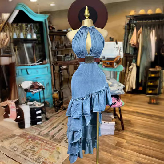Halterneck Cutout Ruffled Asymmetrical Fashion Dress