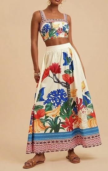Sexy Spaghetti Straps Midriff-baring Printed Up And Down Skirt Suit