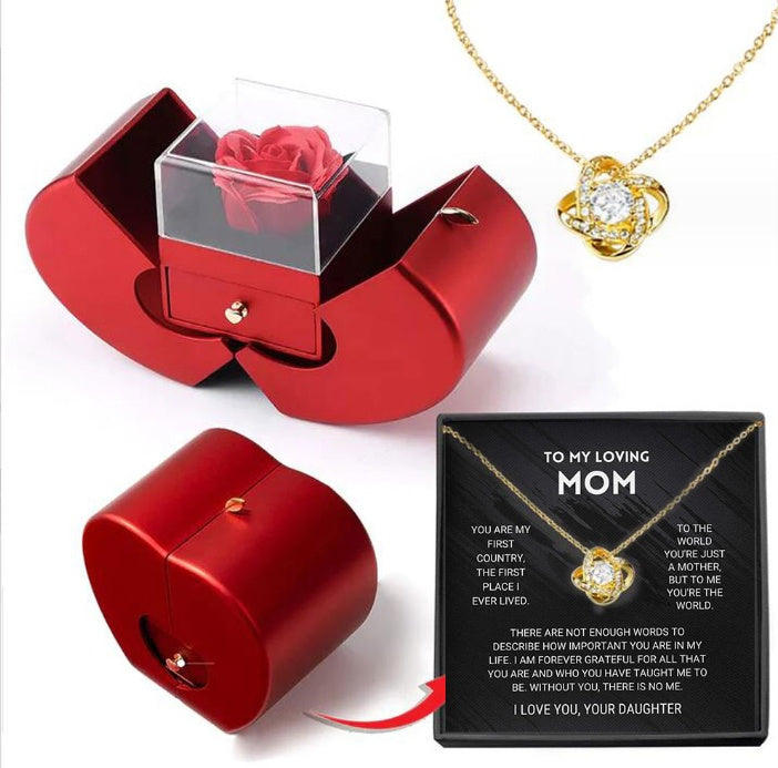 Fashion Jewelry Box Red Apple Gift Necklace Eternal Rose For Girl Mother's Day Valentine's Day Gifts With Artificial Flower Rose Jewelry Box