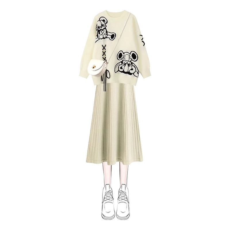 Cartoon Knitted Sweater Suspender Skirt Two-piece Set
