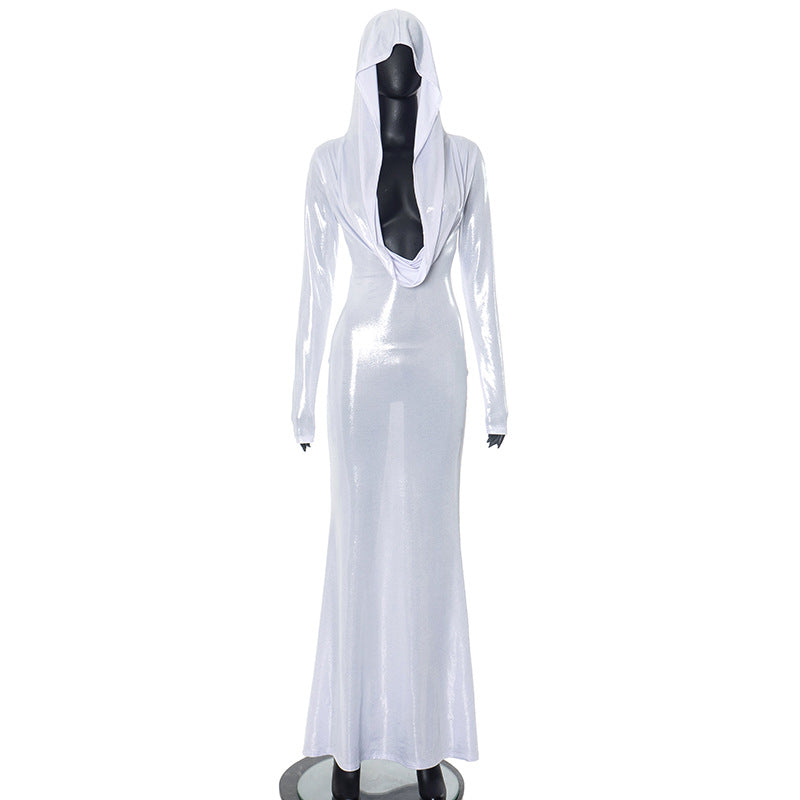 Cross Border Trendy Unique White Hooded Swing Collar High Waist Slim Fit Long Dress