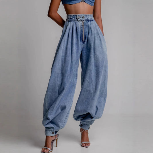 Women's Retro Loose High Waist Zipper Jeans
