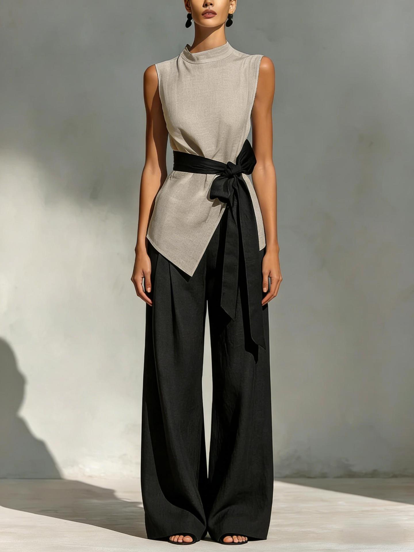 Womens Lace-Up Sleeveless Top And Wide-Leg Pants Two-Piece Set