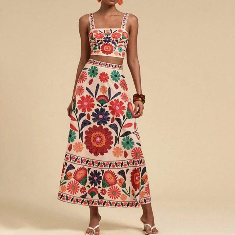 Sexy Spaghetti Straps Midriff-baring Printed Up And Down Skirt Suit