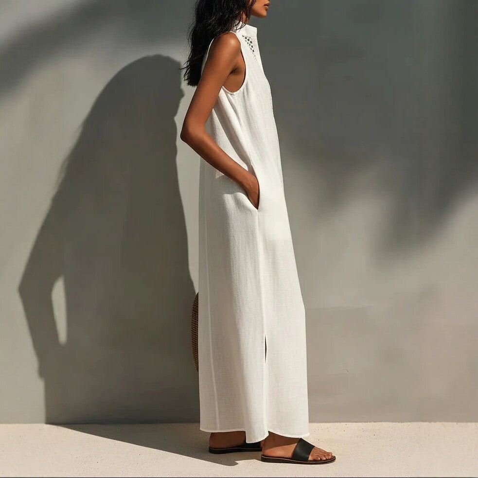 White Sleeveless Hollow-out V-Neck Long Loose Dress
