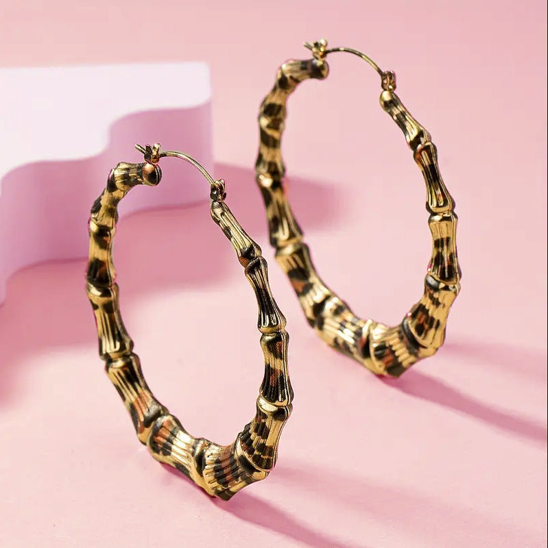 New Fashion Leopard Print Bamboo Round Hoop Earrings For Women Jewelry Punk Metal Big Circle Earring