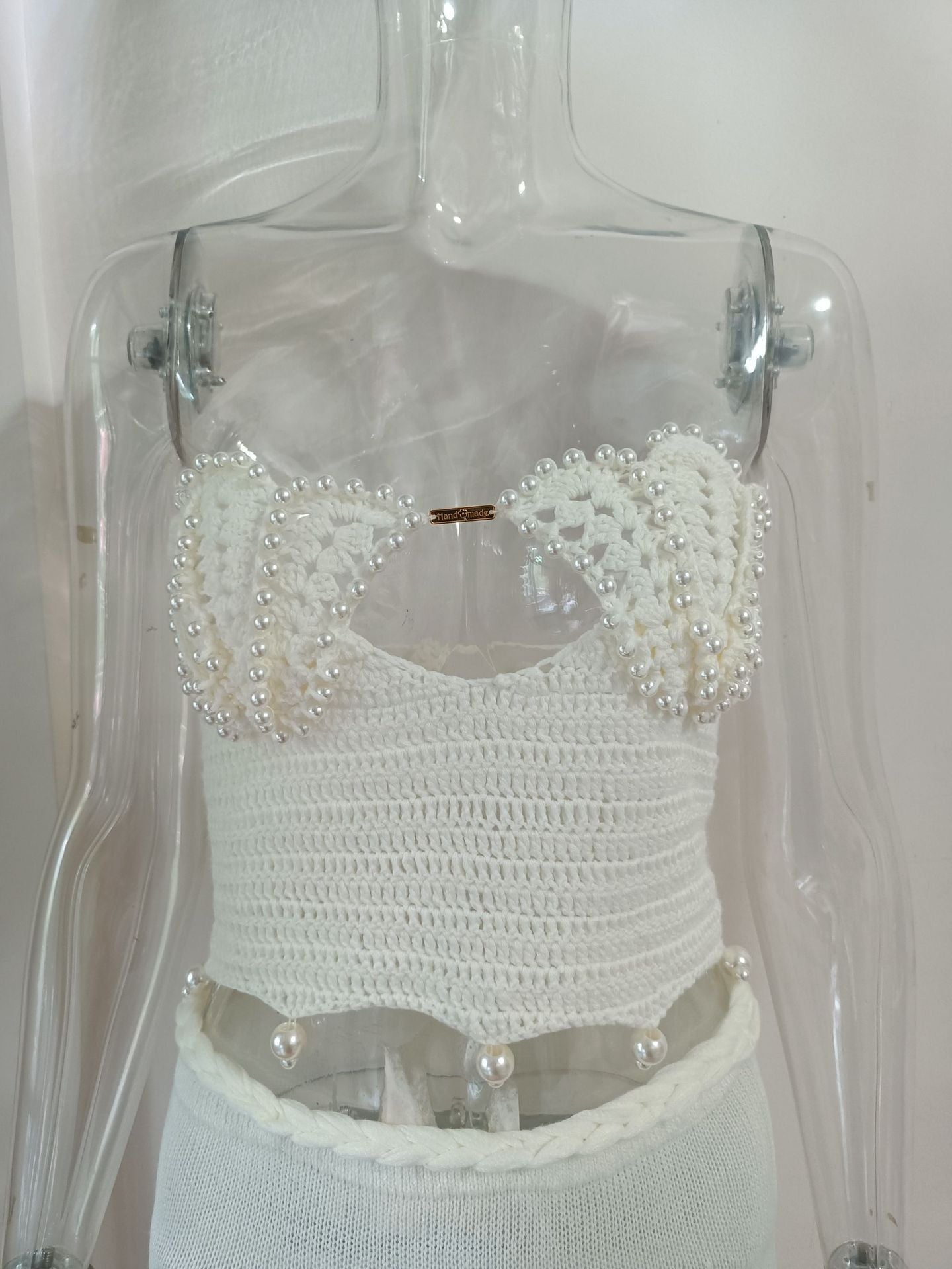Handmade Crochet Beaded Top With Braided Waist Long Crochet Skirt