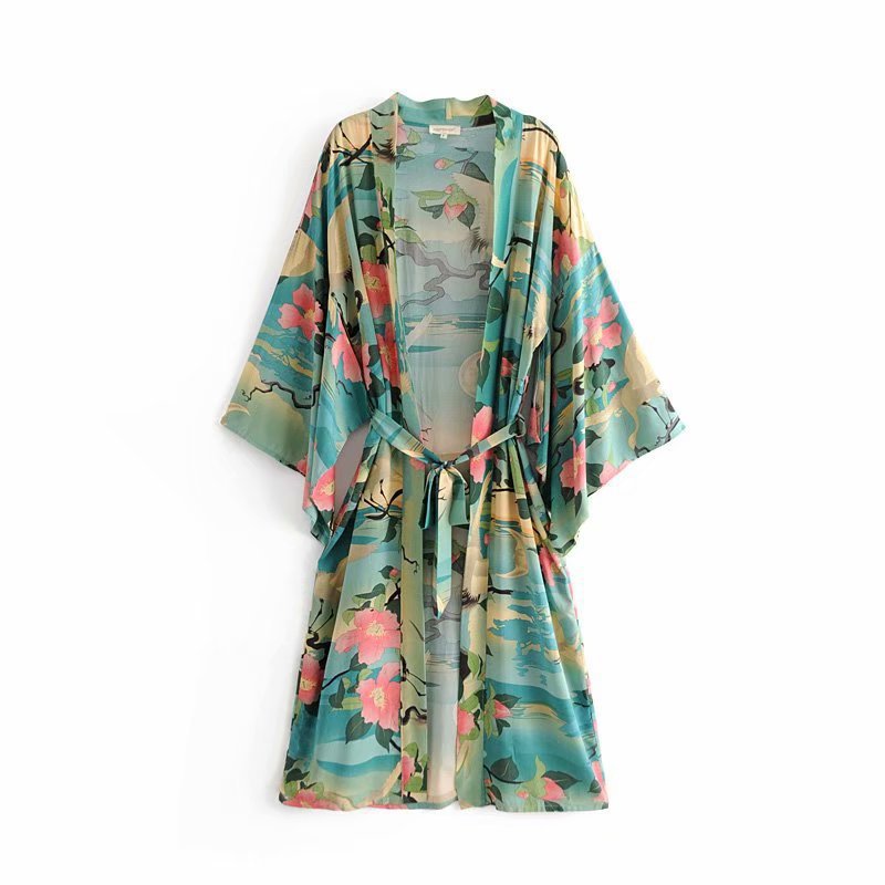 Lotus And Crane Print Lace Kimono Cotton Cardigan Women