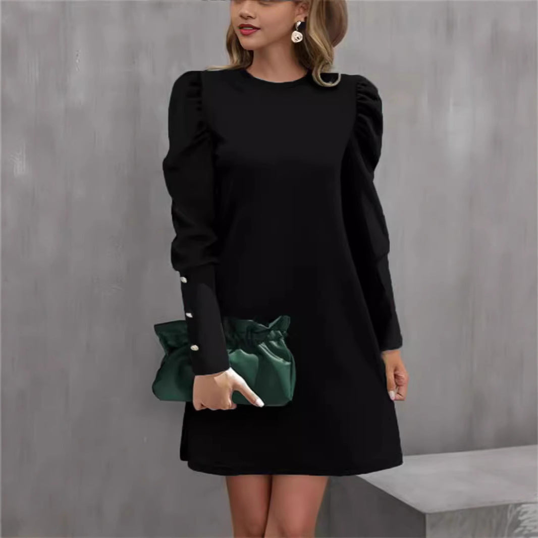Autumn And Winter New Round Neck Bubble Sleeve Button Long Sleeve Dress