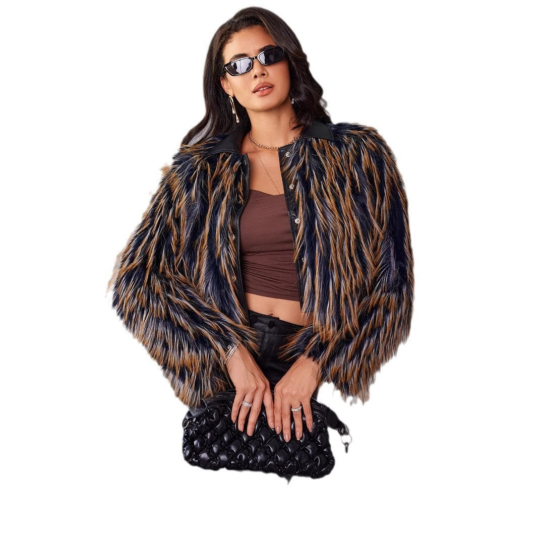 Women's Fur Coat Winter Warm Contrast Color