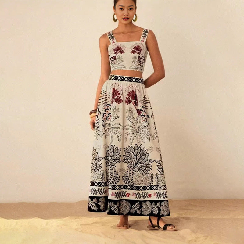 Sexy Spaghetti Straps Midriff-baring Printed Up And Down Skirt Suit