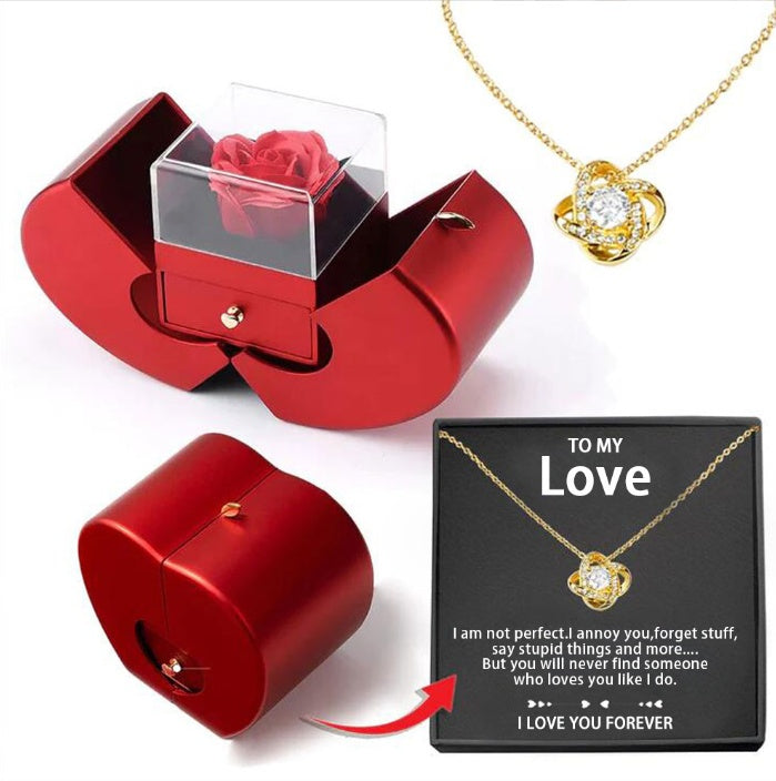 Fashion Jewelry Box Red Apple Gift Necklace Eternal Rose For Girl Mother's Day Valentine's Day Gifts With Artificial Flower Rose Jewelry Box