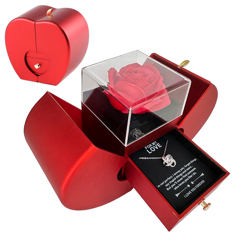 Fashion Jewelry Box Red Apple Gift Necklace Eternal Rose For Girl Mother's Day Valentine's Day Gifts With Artificial Flower Rose Jewelry Box