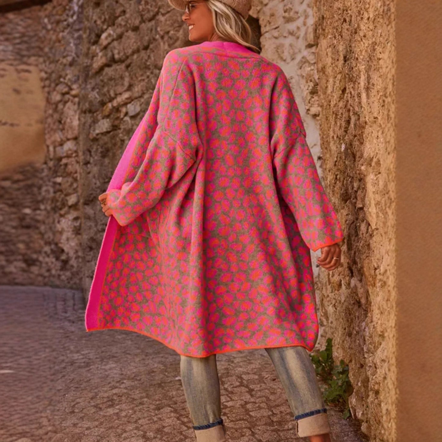 Contrast Color Leopard Print Long Knitwear Fashion Retro Pocket Sweater Women's Coat