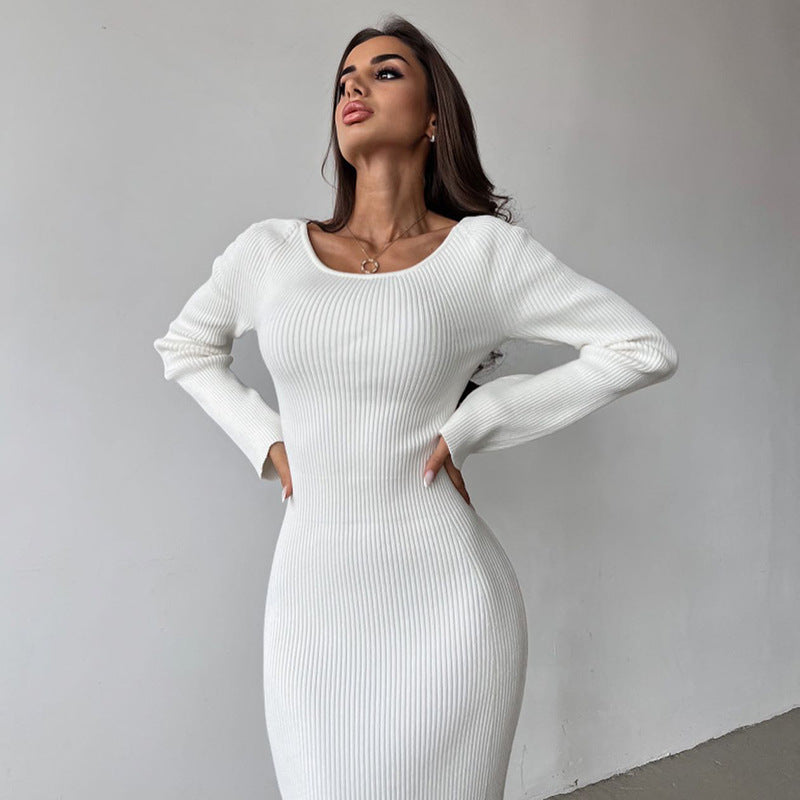 Solid Color Long Sleeve Elegant Slim Fit Hollow Backless Two-way Wear Dress