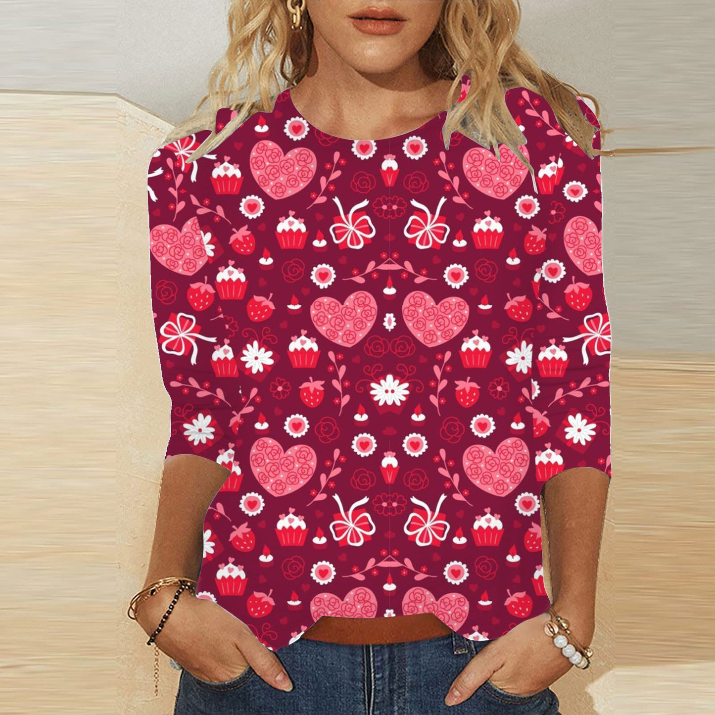 Valentine's Day Female With Hearts Printing Crew Neck T-shirt Top