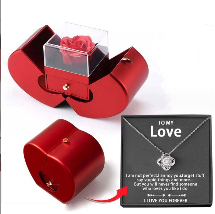 Fashion Jewelry Box Red Apple Gift Necklace Eternal Rose For Girl Mother's Day Valentine's Day Gifts With Artificial Flower Rose Jewelry Box