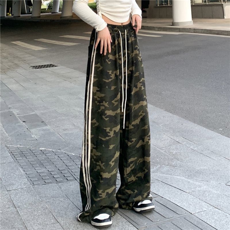 Striped Three-bar Color-block Camouflage Casual Draped Dance Sport Floor-length Trousers